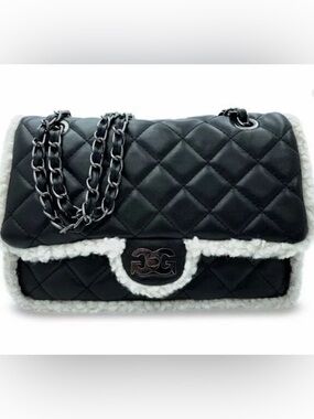 Gilda Paris Black Quilted Shoulder Bag with White Shearling Trim and Chain Strap